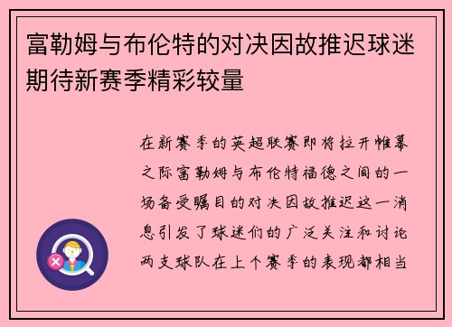 富勒姆与布伦特的对决因故推迟球迷期待新赛季精彩较量