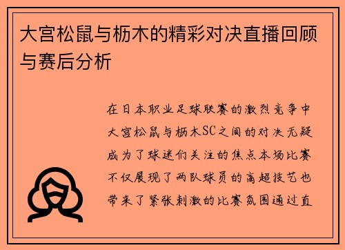 大宫松鼠与枥木的精彩对决直播回顾与赛后分析