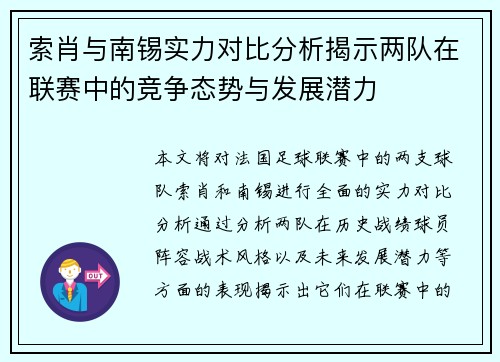 索肖与南锡实力对比分析揭示两队在联赛中的竞争态势与发展潜力