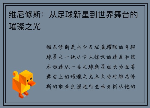 维尼修斯：从足球新星到世界舞台的璀璨之光