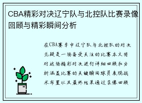 CBA精彩对决辽宁队与北控队比赛录像回顾与精彩瞬间分析